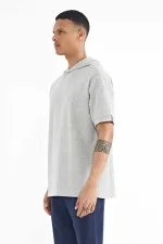 Tommylife Toptan Gri Melanj Kapüşonlu Kol Etiket Detaylı Oversize Erkek T-Shirt - 88179