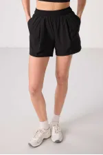 Tommylife Toptan Polyester Gizli Cep Fermuarlı Rahat Form Kadın Şort - 91014 Siyah