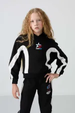 Tommylife Toptan 7-15 Yaş Kapüşonlu Oversize Kız Çocuk Eşofman Takımı 75166 Siyah