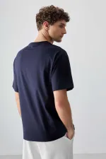 Tommylife Wholesale Crew Neck Oversize Printed Men's T-Shirt 88375 Navy Blue