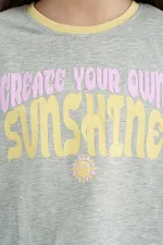 Tommylife Toptan Gri Melanj Renkli Yazı Baskılı O Yaka Oversize  Kısa Kollu Kız Çocuk T-Shirt - 75111