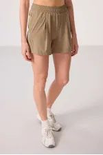 Tommylife Toptan Polyester Gizli Cep Fermuarlı Rahat Form Kadın Şort - 91014 Bej