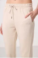 Tommylife Wholesale Soft Textured Hidden Zipper Slim Fit Women's Trousers - 94668 Beige