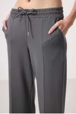 Tommylife Toptan Yumuşak Dokulu Cepli Ön Dikiş Detaylı Kadın Palazzo Pantolon - 94670 Koyu Gri