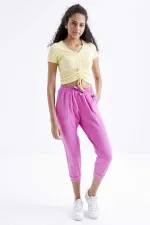 Tommylife Wholesale Yellow Gathered Detail V-Neck Women's Crop Top T-Shirt - 97205