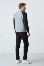 Tommylife Toptan Rahat Kalıp Dik Yaka Klasik Paça Erkek Eşofman Takımı 85113 Gri Melanj - Siyah