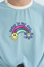 Tommylife Toptan Açık Mavi Baskı Detaylı O Yaka Çok Renkli Bağlama Detaylı Kız Çocuk T-Shirt - 75113