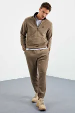 Tommylife Wholesale Standard Fit Half-Zip Fleece Men's Tracksuit Set 85159 Camel