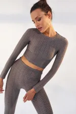 Tommylife Toptan Gri Kendinden Desenli O Yaka Uzun Kol Kadın Crop Top T-Shirt - 97153