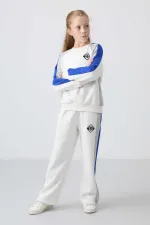 Tommylife Toptan 7-15 Yaş O Yaka Standart Kalıp Kız Çocuk Eşofman Takımı 75165 Ekru