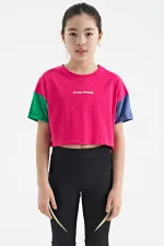 Tommylife Wholesale Fuchsia Printed Crew Neck Dropped Shoulder Oversize Girls' T-Shirt - 75130