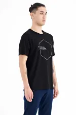 Tommylife Toptan Siyah Yazı Geometri Baskılı Standart Kalıp Erkek T-Shirt - 88198
