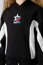 Tommylife Toptan 7-15 Yaş Kapüşonlu Oversize Kız Çocuk Eşofman Takımı 75166 Siyah