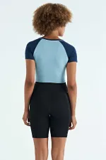 Tommylife Wholesale Light Blue Color Block Logo Print Crew Neck Slim Fit Women's Crop T-Shirt - 97270