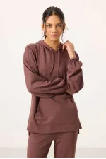 Ensemble tunique de survêtement à capuche oversize pour femme Tommylife, texture douce, vente en gros - 95348 Marron