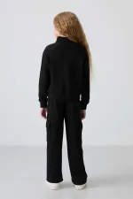 Tommylife Toptan 7-15 Yaş Dik Yaka Standart Kalıp Kız Çocuk Eşofman Takımı 75159 Siyah