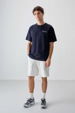 Tommylife Wholesale Crew Neck Oversize Printed Men's T-Shirt 88375 Navy Blue