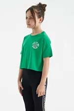 Tommylife Toptan Yeşil Ön Arka Baskılı O Yaka Düşük Omuz Oversize Kısa Kollu Kız Çocuk T-Shirt - 75126