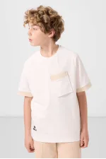 Tommylife Toptan Pamuklu Yumuşak Dokulu Oversize Cep Detaylı Erkek Çocuk T-Shirt 11295 Ekru