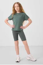 Tommylife Toptan Pamuklu O Yaka Oversize Fit Basic Kız Çocuk T Shirt 75182 Açık Yeşil