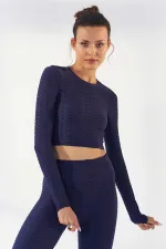 Tommylife Wholesale Indigo Self-Patterned Crew Neck Long Sleeve Women's Crop Top T-Shirt - 97153