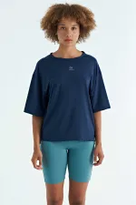 Tommylife Wholesale Indigo Crew Neck Print Detail Oversize Short Sleeve Women's T-Shirt - 97263