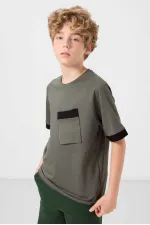 T-shirt garçon Tommylife en coton doux texturé, coupe oversize, avec poche, référence 11295, kaki