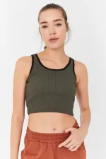 Tommylife Wholesale Khaki Basic Sleeveless Slim Fit U-Neck Women's Crop Top Tank Top - 97160