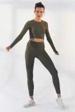 Tommylife Wholesale Light Green Self-Patterned Crew Neck Long Sleeve Women's Crop Top T-Shirt - 97153