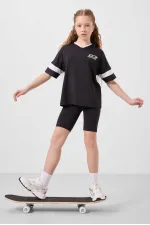 Ensemble de leggings Tommylife Wholesale pour filles, coupe standard, col en V et ceinture détaillée, noir, référence 75187