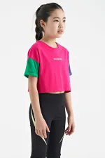 Tommylife Wholesale Fuchsia Printed Crew Neck Dropped Shoulder Oversize Girls' T-Shirt - 75130