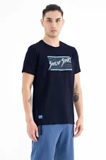 Tommylife Wholesale Navy Blue Text Print Standard Fit Crew Neck Men's T-Shirt - 88172