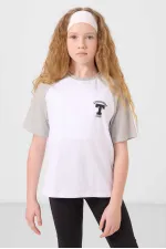 Tommylife Toptan O Yaka  Pamuklu Baskılı Oversize Fit Kız Çocuk T Shirt 75179 Beyaz