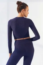 Tommylife Wholesale Indigo Self-Patterned Crew Neck Long Sleeve Women's Crop Top T-Shirt - 97153