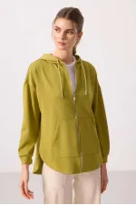 Tommylife Toptan Yumuşak Dokulu Kapüşonlu Oversize Kadın Tunik Sweatshirt - 97302 Koyu Hardal