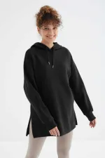 Tommylife Wholesale Black Raglan Sleeve Basic Hooded Oversize Tunic - 97242