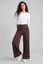 Tommylife Wholesale Brown Comfort Fit Wide Leg Corset Palazzo Women's Trousers - 94681 Tommylife Wholesale Brown Comfort Fit Wide Leg Corset Palazzo Women's Trousers - 94681