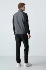 Tommylife Toptan Rahat Kalıp Dik Yaka Klasik Paça Erkek Eşofman Takımı 85113 Antrasit - Siyah