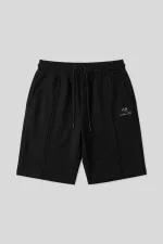 Tommylife Toptan Siyah Oversize Fit Basic Ön Dikiş Detaylı Erkek Şort - 81283