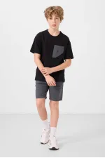 Tommylife Toptan Pamuklu Oversize Fit Dokuma Hafif Esnek Chino Erkek Çocuk Şort Takım 11278 Siyah-Gri