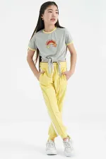 Tommylife Wholesale Grey Melange Print Detail Crew Neck Multicolored Tie Detail Girls' T-Shirt - 75113