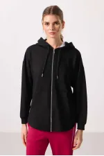 Tommylife Toptan Yumuşak Dokulu Kapüşonlu Oversize Kadın Tunik Sweatshirt - 97302 Siyah