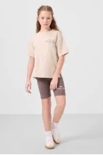 Tommylife Toptan Pamuklu O Yaka Standart Fit Baskılı Kız Çocuk Tayt Takım 75190 Bej Kahverengi