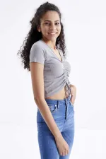 Tommylife Wholesale Grey Gathered Detail V-Neck Women's Crop Top T-Shirt - 97205