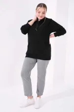 Tommylife Toptan Gri Melanj Klasik Paça Taş Detaylı Kadın Büyük Beden Eşofman Alt - 94040