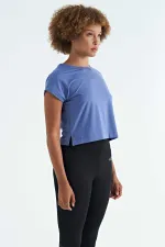 Tommylife Wholesale Purple Logo Print Crew Neck Drop Sleeve Oversize Women's Crop T-Shirt - 97262