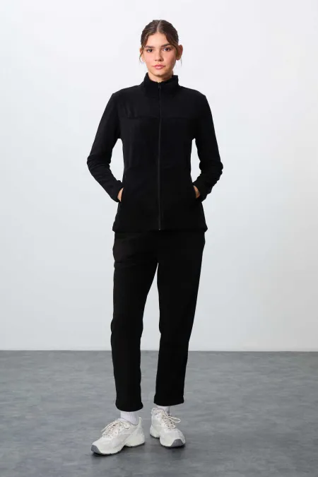 Ensemble de survêtement en polaire Tommylife Wholesale pour femme, coupe classique, col montant, taille oversize, noir, référence 95339