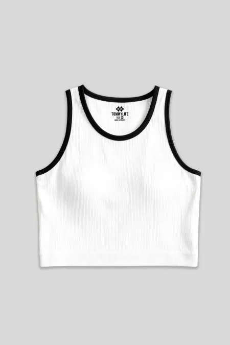 Tommylife Toptan Beyaz Basic Sıfır Kol Dar Kalıp U Yaka Kadın Crop Top Atlet - 97162