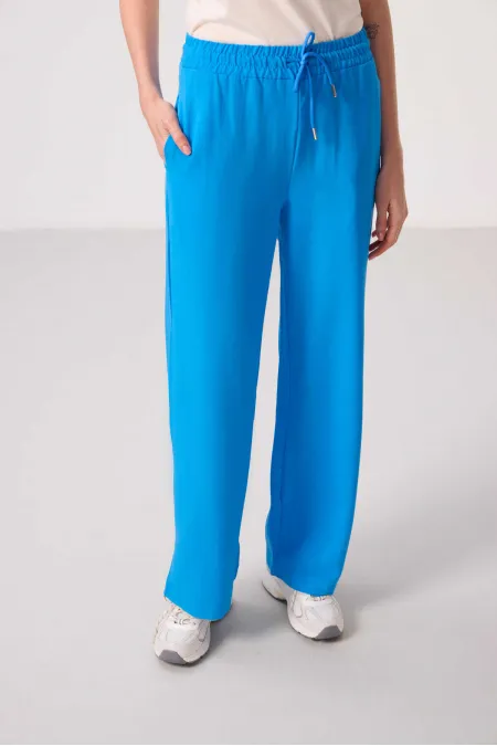 Tommylife Toptan Keten Geniş Paça Rahat Form Kadın Palazzo Pantolon - 94675 Mavi