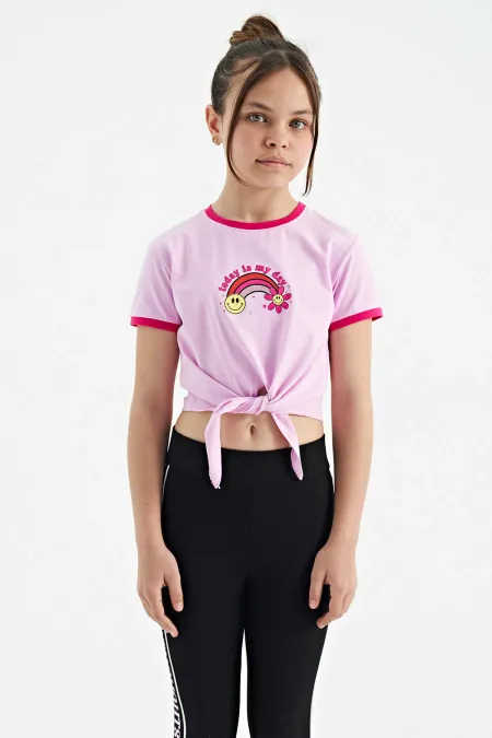 T-shirt fille Tommylife en gros, imprimé rose, col rond et détails de cravate multicolores - 75113